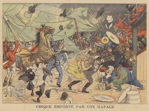 Sirkusteltta, jonka tuulenpuuska vie mukanaan (värilitografia). tekijältä French School