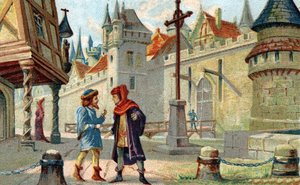 Kaupunki keskiajalla. 1800-luvun lopun kromolitografia. tekijältä French School