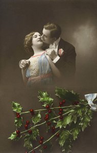 Pari rakastunut ja holly oksat. Postikortti 1900-luvun alun tekijältä French School