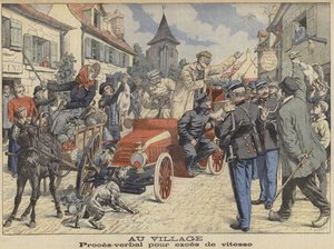Poliisin pysäyttämä ylinopeutta ajava kuljettaja kylässä (värillinen kaiverrus). tekijältä French School