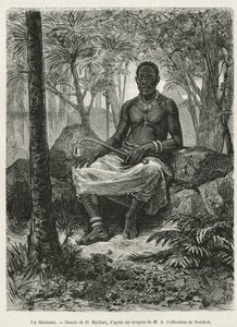 Feticheur, velho, joka kykenee käyttämään fetichesin taikavoimaa, D.Maillartin piirros, joka kuvittaa Alfred Marchen kertomusta matkasta Gaboniin ja Ogoue-joelle vuosina 1875-1877. Kaiverrus Le tour du monde -lehdessä tekijältä French School