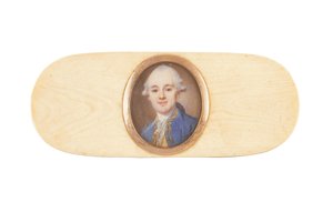 Herrasmies, jonka sanotaan olevan Sir Robert Ainslie, Bt., asetettu laatikon kanteen (akvarelli norsunluun päällä) tekijältä French School
