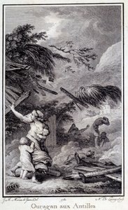 Hurrikaani Länsi-Intiassa. Kaiverrus vuodelta 1780 Chartres, Museum of Fine Arts tekijältä French School