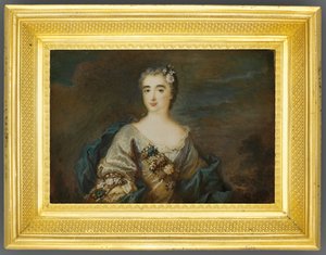 Nainen nimeltä Louise-Jeanne de Durfot, Duchesse de Mazarin et de la Meilleraye, n. 1750 (vesiväri norsunluun) (katso myös 1630586) tekijältä French School