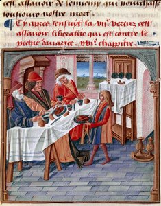 Mies jakaa pöytänsä köyhän kanssa. Miniatyyri otettu teoksesta "Le livre de bonnes moreurs de Jacques Legrand" 1490 Chantilly, Musee Conde tekijältä French School
