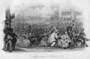 Naamiojuhla Pariisin oopperassa vuonna 1843. ("Le carnival"" kappale Marc-Antoine Madeleine Desaugiersin kappaleessa "" - CHANS et CHANS POPULES DE LA FRANCE - 1843 - H.- L. DELLOYE, kustantaja, LIBRAIRIE DE GARNIER. tekijältä French School