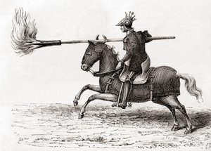 Keskiaikainen ritari, joka kantaa tulikeihää, joka on yksi maailman ensimmäisistä ruutiaseista, Les Merveilles de la Sciencesta, julkaistu n. 1870 (kaiverrus) tekijältä French School