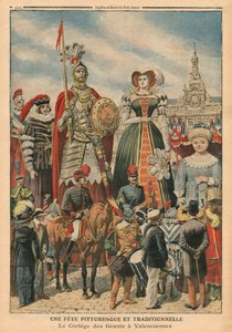 Maalauksellinen ja perinteinen juhla, jättiläisten kulkue Valenciennesissa, kuvitus "Le Petit Journalista", liitekuva, 10. heinäkuuta 1910 (väri litho)
