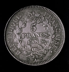 Punta 20 solia, joka vastaa ensimmäisen tasavallan ensimmäistä frangia (kääntöpuoli) (metalli) tekijältä French School