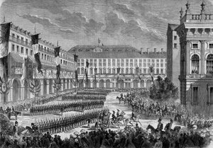 Katsaus Italian kuninkaan Victor Emmanuel II:n (Victor-Emmanuel) (Vittorio Emanuele) Torinossa 7. kesäkuuta ohittamiin joukkoihin tekijältä French School