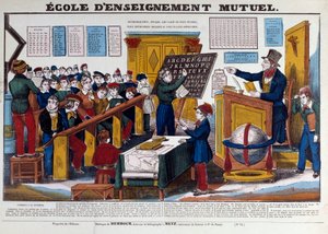 Ranskassa noin vuonna 1815 käyttöön otettu vastavuoroisen kasvatuksen koulu. Kaiverrus 1800-luvulta Pariisi, Carnavalet-museo. tekijältä French School