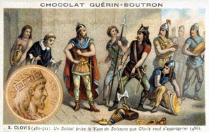 Sotilas rikkoo Soissons-maljakon, jonka Clovis haluaa omistaa, 486 tekijältä French School