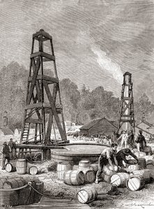 Öljylähde Oil Creekissä Allegheny-joella, Pennsylvaniassa, Yhdysvalloissa vuonna 1858, jonka löysi Edwin Laurentine Drake, alias eversti Drake, Les Merveilles de la Science -julkaisusta, julkaistu noin 1870 (kaiverrus) tekijältä French School