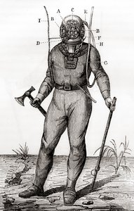 Joseph-Martin Cabirolin vuonna 1855 patentoima vakiosukelluspuku julkaisusta "Les Merveilles de la Science", julkaistu noin 1870 (kaiverrus) tekijältä French School