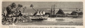 Paklatin sokeritehdas Thaimaan pääjoen Menamin varrella. Sabatier piirtää Henri Mouhotin matkan Siamin, Kambodžan ja Laosin valtakuntiin vuosina 1858–1861. Kaiverrus ”” Le tour du monde” ”, toimittanut Edouard Charto tekijältä French School