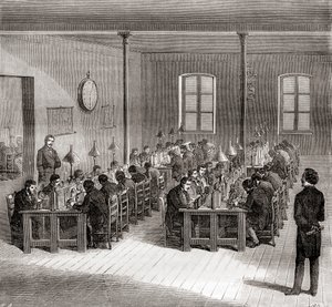 Lennätinasema Pariisissa, Ranskassa n. 1870, Les Merveilles de la Sciencesta, julkaistu noin 1870 (kaiverrus) tekijältä French School