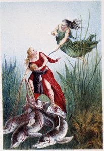 Nainen hyökkäämässä toisen naisen ja delfiinien johtaman pojan kimppuun - H. de la Blanchèren "" Matka merenpohjaan" -kappaleessa. Paris, toim. Jouvet et Cie, sd. 1880. (kaksinkertainen 02947 ja 02952) tekijältä French School