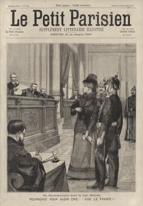 Nainen Alsace-Lorrainesta saksalaisen tuomarin edessä oikeudessa huutaessaan "Vive la France!" (kaiverrus) tekijältä French School