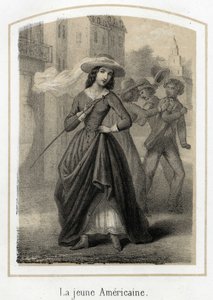Nuori amerikkalainen nainen aiheuttaa tappeluita teeskentelijöidensä välillä. Anonyymi kaiverrus 1800-luvulta tekijältä French School