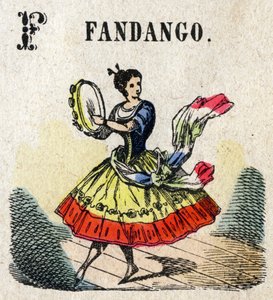 Abecedary. F-kirjain kuten Fandango. Pieni tietosanakirja aakkoset, suosittu sarja. Epinaalinen kuvantaminen, 1800-luvun loppu tekijältä French School