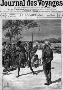 Australian aboriginaalit bumerangilla, 1800-luvun loppu. Kaiverrus "" Journal des Voyages" -lehdessä 30. huhtikuuta tekijältä French School