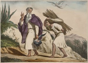 Abraham vei Iisakin Moriah-vuorelle, kuvitus katekismuksesta LHistoire Sainte, julkaisija Charles Delagrave, Pariisi tekijältä French School