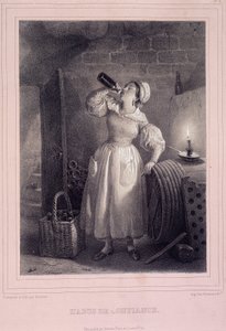 Luottamuksen väärinkäyttö (kotimainen viininjuonti kellarissa) - litografia tekijältä French School