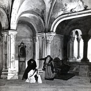IV näytös, Debussyn Pelleas et Melisande 2. kohtaus valokuvasta Pariisin Opera-Comiquen oopperan ensimmäisestä tuotannosta huhtikuussa 1902, kuvitus Theater-lehdessä, kesäkuu 1902 (l tekijältä French School