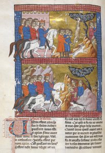 Lisätä. 15268, f.75v Oidipus, jonka löysi Polybus, Korintin kuningas, kuvitus teoksesta "Le Livre des ansienes estoires", n. 1285 (vellum) tekijältä French School
