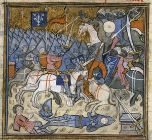 Lisätä. 15269, f.124v Saraseeneja vastaan taistelevat ristiretkeläiset, kuvitus Chroniques de France ou de St Denysistä (mustetta, väriä ja kultaa perunakalvolla) tekijältä French School