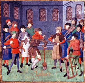 Lisää 18750 fol.3 Työmiehet työkaluineen, yksityiskohta Duc de Berryn omistusprologista Giovanni Boccaccion 