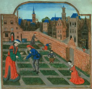 Lisää 19720 f.165 Aidattu kaupunkipuutarha Pietro de Crescenzin (1230-1320) Livre des Profits Ruraux