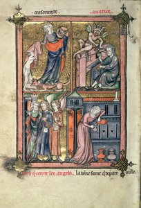 Lisää 54180 f.136b Armo ja ahneus, Loot ja enkelit; Leski ja hänen öljynsä, Frere Laurentin teoksesta "La Somme le Roy", valaisi Maitre Honore (vellum) tekijältä French School
