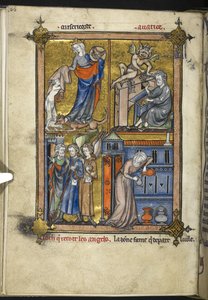 Lisätä. 54180, f. 136v, Miniatyyri enkeleillä pyhiinvaelluspuvussa, Laurent d