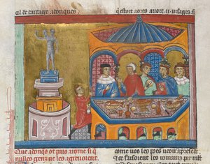 Lisätä. MS 15268, fol. 242v Januksen temppeli, jossa senaattorit ruokailevat etualalla, "Ancient History to Caesar" (vellum) tekijältä French School