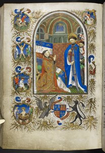 Lisää Ms 18850 f.256v, Duke of Bedford ennen St Georgea, kirjasta Book of Hours (The Bedford Hours) n. 1410-30 (muste, väri ja kulta velumilla) tekijältä French School