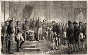 221:n puhe - Liberaali valtiomies Roy- Collard esittelee Address du 221 - Pierre Paul Royer-Collard lukemassa Ranskan kuninkaalle Charles X 221:n puhetta protestoidakseen valtaa vastaan vuonna 1830 - Pierre Paul Royer Collard (1763-1845) (Royer- kaulus) pr tekijältä French School