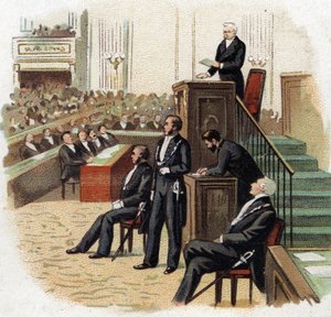 Adolphe Thiers (1797-1877), tasavallan presidentti kansalliskokouksen korokkeella 1872 - Kromolitografia (Chromo) 1900-luvun alun. tekijältä French School