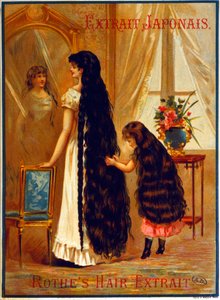 Mainos Extrait Japonaisista, hiusten kasvua edistävästä kampaamotuotteesta, 1895 tekijältä French School