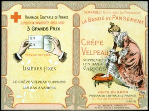 Mainoskortti "" Velpeau Crepe Dressing Band poistaa suonikohjut sukat"". Sd. 1800-luvulla. tekijältä French School