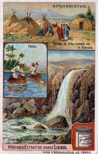 Mainoskortti, jossa näkyy paimentolaisheimon kylä Hilmendillä, kalastajat ja Kabul-joen putoaminen Afganistanissa. 1800-luvun kromolitografia. tekijältä French School