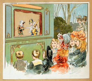"Le Bon marche" -tavaratalon mainos, jossa on joukko lapsia katsomassa mulkkujen esitystä, 20. vuosisata (litografia) tekijältä French School