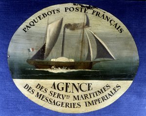 Mainoskyltti ranskalaiselle postilinjalle, keisarillisten kuriirien merenkulkupalveluille - maalaus puulle, 1800-luvun loppu tekijältä French School