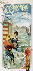 Mainonta Oostendeen (Belgia) Pariisista pääsemiseksi: Oostende: 5 tuntia Pariisista, n. 1900 (kromolitografia) tekijältä French School