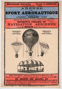 Ilmailunäyttely pidetään Pariisissa vuonna 1885 Eugene Godardin johdolla, pb. 1885 (värilitografia) tekijältä French School