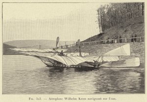 Lentokone Wilhelm Kress purjehtimassa veden päällä (kaiverrus) tekijältä French School