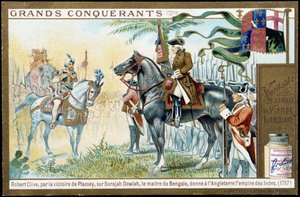 Plasseyn voiton Surajah Dowlahista (Suraj Ud-daula tai Ud Daula Ud Daulah tai Ud-Daulah) Bengalin mestari antoi Englannille Intian valtakunnan vuonna 1757. 1800-luvun liebig kromolitografia. tekijältä French School