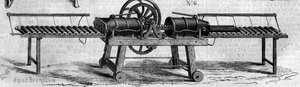 Maatalouskone: kone viemäriputkien valmistukseen, joka esiteltiin vuoden 1860 maatalousnäyttelyssä Pariisissa. Kaiverrus "" Le Monde Illustré" -julkaisussa nro 168, 30. kesäkuuta tekijältä French School