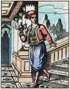 Aladin taikalampun kanssa ei enää löydä tietä. Kaiverrus tarinasta Tuhannen ja yhden yön "" Aladin ja ihana lamppu"". Epinaalinen kuvantaminen, 1800-luvun loppu. Yksityinen kokoelma. tekijältä French School