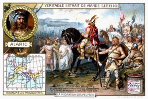Visigoottien kuningas Alaric 1er esittelee itsensä kolmannen kerran ennen Roomaa vuonna 410 ja vaatii kaupungin luovuttamista - Liébig-mainosvinjetti tekijältä French School